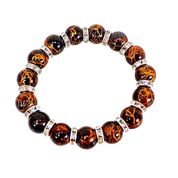 Brown and gold glass bead stretch bracelet with crystal spacer beads - Picture 1 of 6